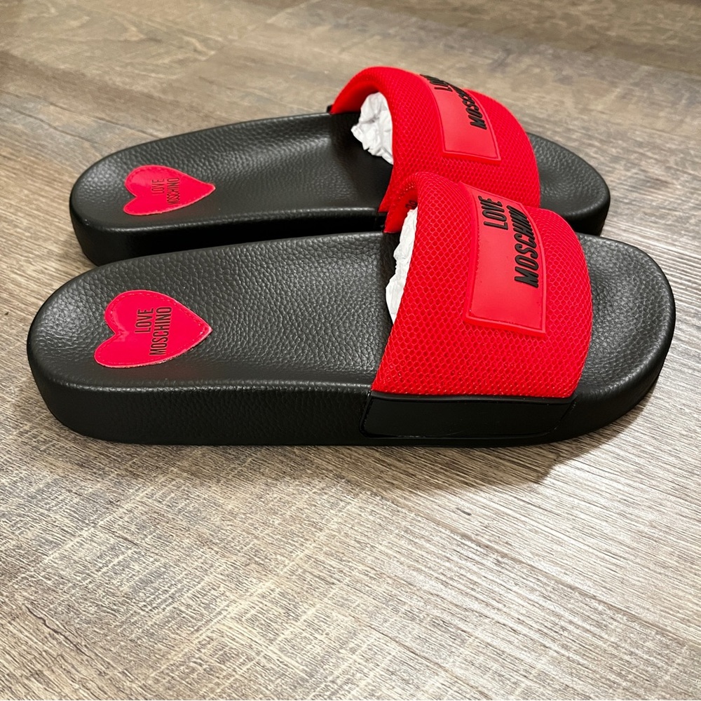 Love Moschino | NWT Women’s Black & Red Mesh Pool Slides USA Size: 5 - Picture 5 of 6